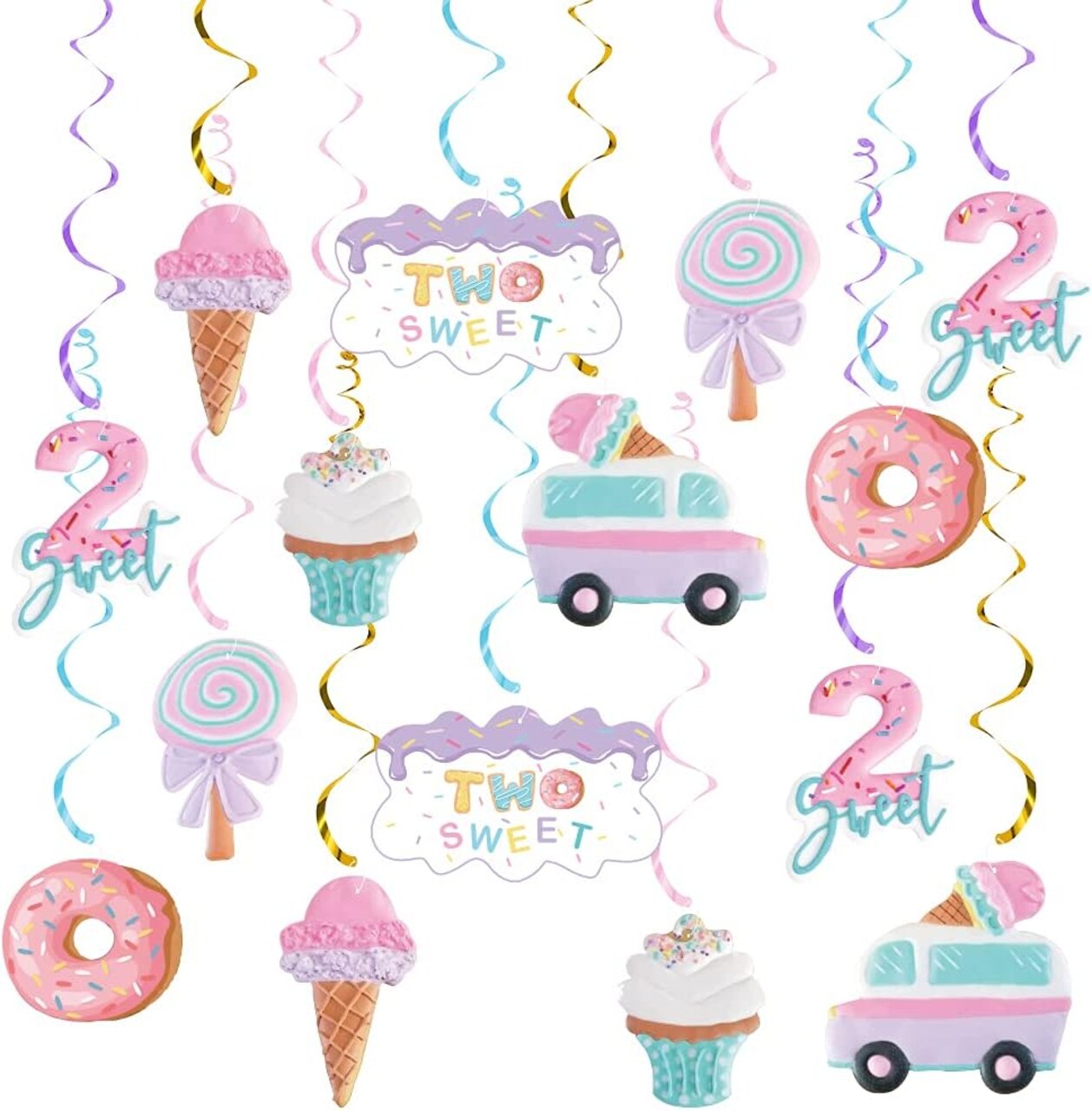 Pastel Ice Cream “Two Sweet” 2nd Birthday Party Decorations – Ice Cream & Donut Hanging Swirls, Summer-Themed Streamers for Baby’s Second Birthday Ice Cream Party